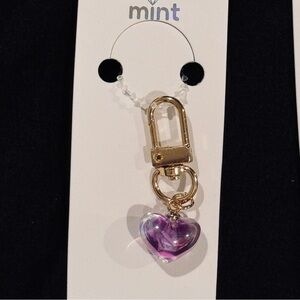 BAG CHARM Mint Gold and Iridescent Purple Heart Keychain Zipper Pull